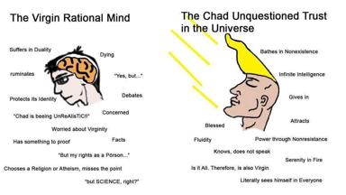 Virgin Rational Mind vs. Chad Unquestioned Trust: a philosophical meme mocking both academic overthinking and smug mysticism through exaggerated archetypes.