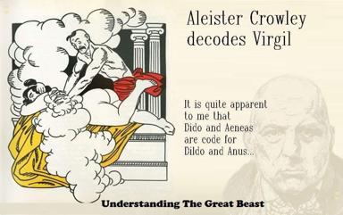 Aleister Crowley as literary cryptographer: a belle-époque engraving parodying occult decoding of Virgil's *Aeneid* through homophone and innuendo.