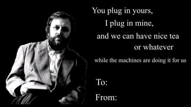 Weary 19th-century figure offers a bleak tea-time pact: plug in, relax, let the machines work. A message card on automation, leisure, and surrender.