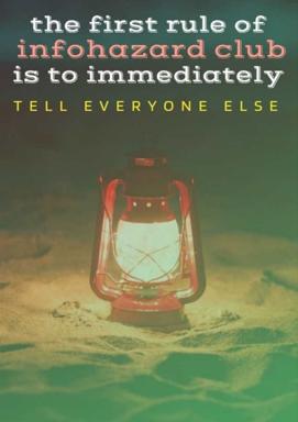 A vintage kerosene lantern glowing in desert sand under dark teal sky, overlaid with a fractured meme riff on Fight Club's first rule.