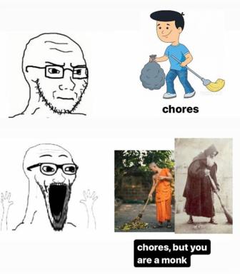Wojak meme: the shock of realizing chores become spiritual practice when you're a monk.