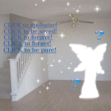 Liminal-domestic space overlaid with sacred imagery (angel figure, glowing stars) and stacked salvation options formatted as clickable links—absurdist meme of hyperchristian anxiety meets web-UI salvation pathways.