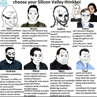 A satirical taxonomy of Silicon Valley entrepreneur and tech bro archetypes, presented as a "choose your thinkboi" lineup with caricatures and brutally honest character descriptions.