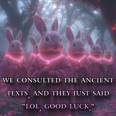 Five glowing rabbits in robes as unhelpful oracles; a joke about seeking wisdom and getting internet shrug energy.