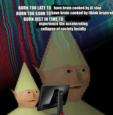 Minecraft-style pixelated figures watching glitchy screens, juxtaposing generational claims about brain rot and societal decay. Dark humor about AI, TikTok, and existential collapse.