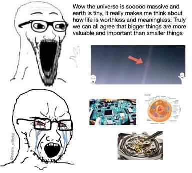 Philosophical nihilism meme: existential dread about cosmic insignificance, juxtaposed with the absurd grandiosity of contrasting scales — from subatomic particles to Earth viewed from space, a cell diagram, and a mechanical watch.