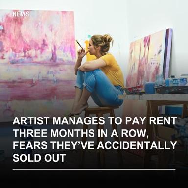 An artist in a bright studio, lost in self-doubt over unexpected financial success—a wry reckoning with creative luck and imposter syndrome.