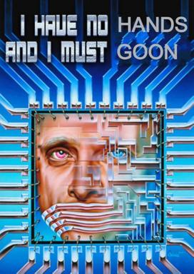 Retrofuturistic face-as-circuit-board meme riffing on Harlan Ellison, overlaying a melancholic human portrait into isometric circuit patterns with pixelated sci-fi dread font.