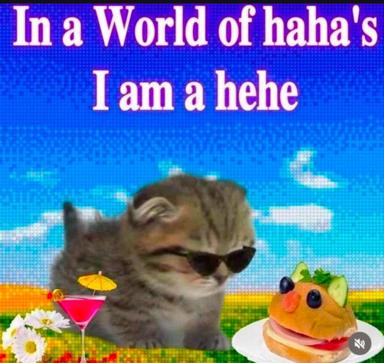 A surreal digital collage of a cat in sunglasses living its best hedonistic life on a rainbow beach — tropical cocktail, daisies, and a hamburger with personality in tow.
