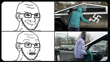 Four-panel meme: stylized face (calm → shocked) paired with photos of someone spray-painting a swastika on a car, commentary on casual hate crime.
