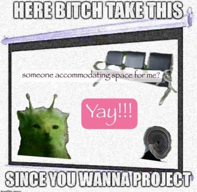 A begrudging offer to let someone work on a project in your space, illustrated with aggressively unhelpful furniture and a disappointed caterpillar.