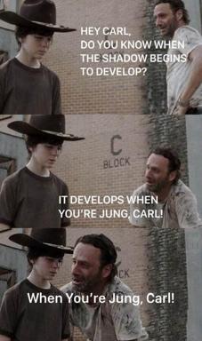 Three-panel meme from *The Walking Dead*: a character asks Carl about when shadows develop, setting up a pun on Jung (the psychologist) vs. young.