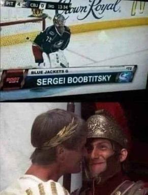 Hockey goaltender mistaken for medieval Slavic royalty — a two-panel name-based visual pun on "Bobritzky's" linguistic register.