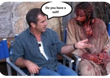A darkly comedic meme pairing a man in casual modern clothes with a bloodied figure in period costume, asking the mundane question "Do you have a suit?"