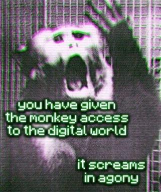 Distressed glitch-art image of a screaming chimpanzee with magenta and green chromatic aberration, superimposed with two-line green text about digital consciousness.