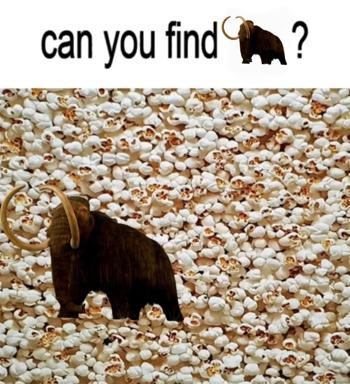 A hidden-object puzzle asking "can you find [mammoth]?" — the brown woolly mammoth is partially camouflaged among popcorn kernels in a playful visual challenge.