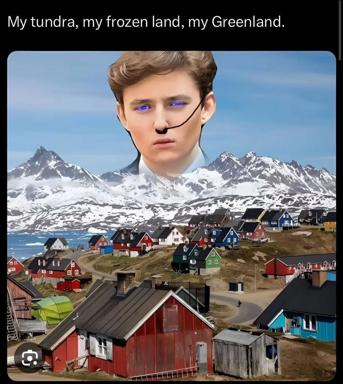 A digital collage merging a young man's portrait with glowing blue eyes and headphones over an Inuit settlement nestled between mountains and sea — a humorous identity-fusion image claiming ownership of a frozen Arctic landscape.