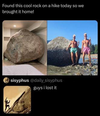 A two-panel joke meme showing someone who brought home a massive boulder from a hike, only to realize it's the actual mountain they hiked on.