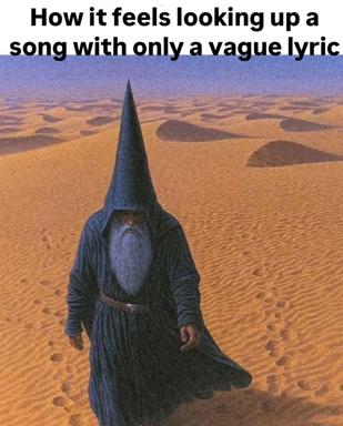 A wizard in robes and pointed hat trudges alone across an endless desert, a visual metaphor for the frustration of searching with minimal information.