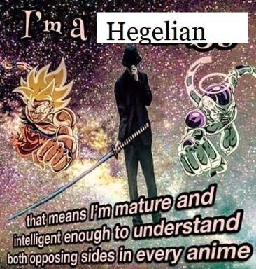 Hegelian anime enjoyer: a dialectical meme splitting Dragon Ball Z and Metroid across opposing sides of philosophy