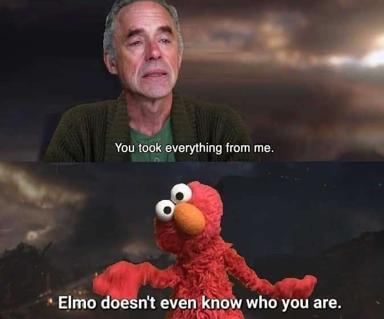 Two-panel reaction meme: accusation of total loss met with Elmo's blank indifference. Absurdist hurt-dismissal.