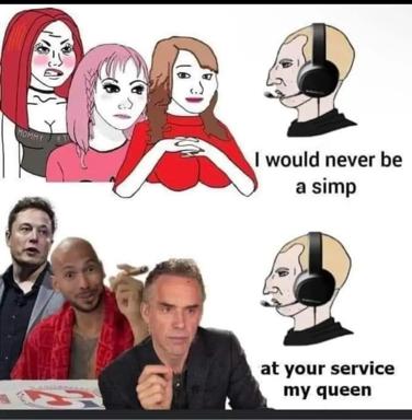 Two-panel reaction meme contrasting an idealized fantasy of female companionship against the comedic desperation of reality—a self-aware joke about the contradiction of claiming to never simp.