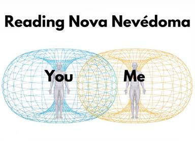 A meme comparing reader vs. author experience of nova·nevédoma: two wireframe figures in colored auras, the reader's simple and clean, the author's ornate and dense.
