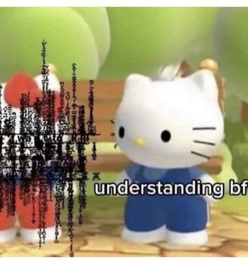 Hello Kitty stares blankly at an incomprehensible wall of stacked text — a joke about the impossibility of understanding one's boyfriend.