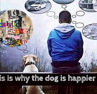 Figure in blue jacket contemplates material goods while a dog in the foreground finds happiness in simplicity — visual meditation on consumerism and contentment.