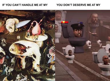 Bosch's "Garden of Earthly Delights" meets a dystopian bathroom where human faces sprout from toilets — a gross meditation on indignity and the human form as abject.