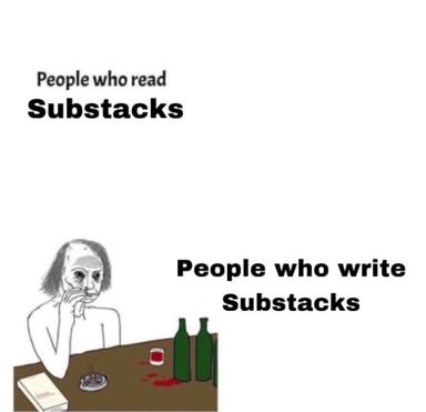 Meme contrasting Substack readers with Substack writers. Readers: text label. Writers: a weary, aged figure at a cluttered table with wine bottles and cigarettes.