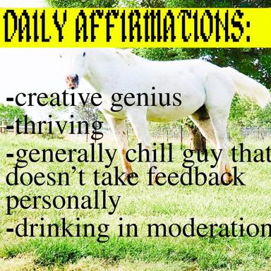 A white goat in a pasture sniffs or grazes, overlaid with a yellow banner at top and serif text describing personality archetypes of creative types, rendered as a caustic typology meme.
