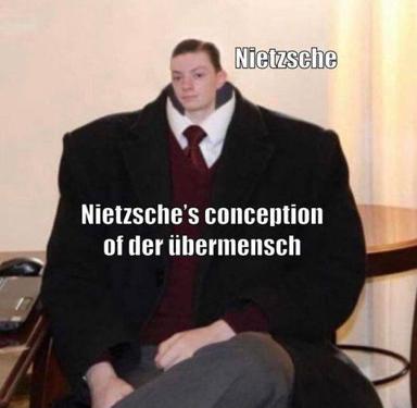 Philosophy-to-reality meme: Nietzsche vs. what he actually meant by the Übermensch—deployed to mock the gap between theoretical perfection and ordinary embodiment.