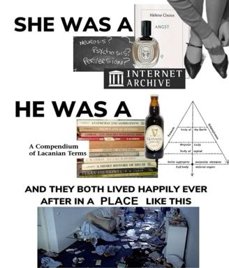 A romantic meme pairing "she was anxiety" (perfume, philosophy) with "he was Lacanian theory and Guinness" against the reveal that both end up in a chaotic, messily inhabited room.