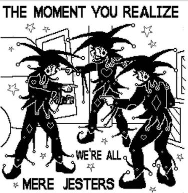 Three silhouetted figures realize they are mere jesters in a glitched digital moment of existential chaos — a Y2K-tinged meditation on recognizing meaninglessness.
