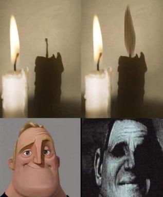 Four-panel contrast meme: guttering candle + cheerful cartoon man → Frankenstein's monster—visual metaphor for hiding inner darkness behind false cheerfulness.