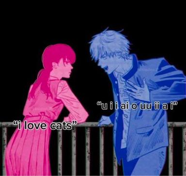 Anime lovers leaning across a railing: one confesses "i love cats," the other responds in gibberish. Peak deadpan romance.